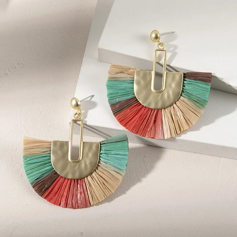 Rattan Raffia Tassel Pendant Earrings